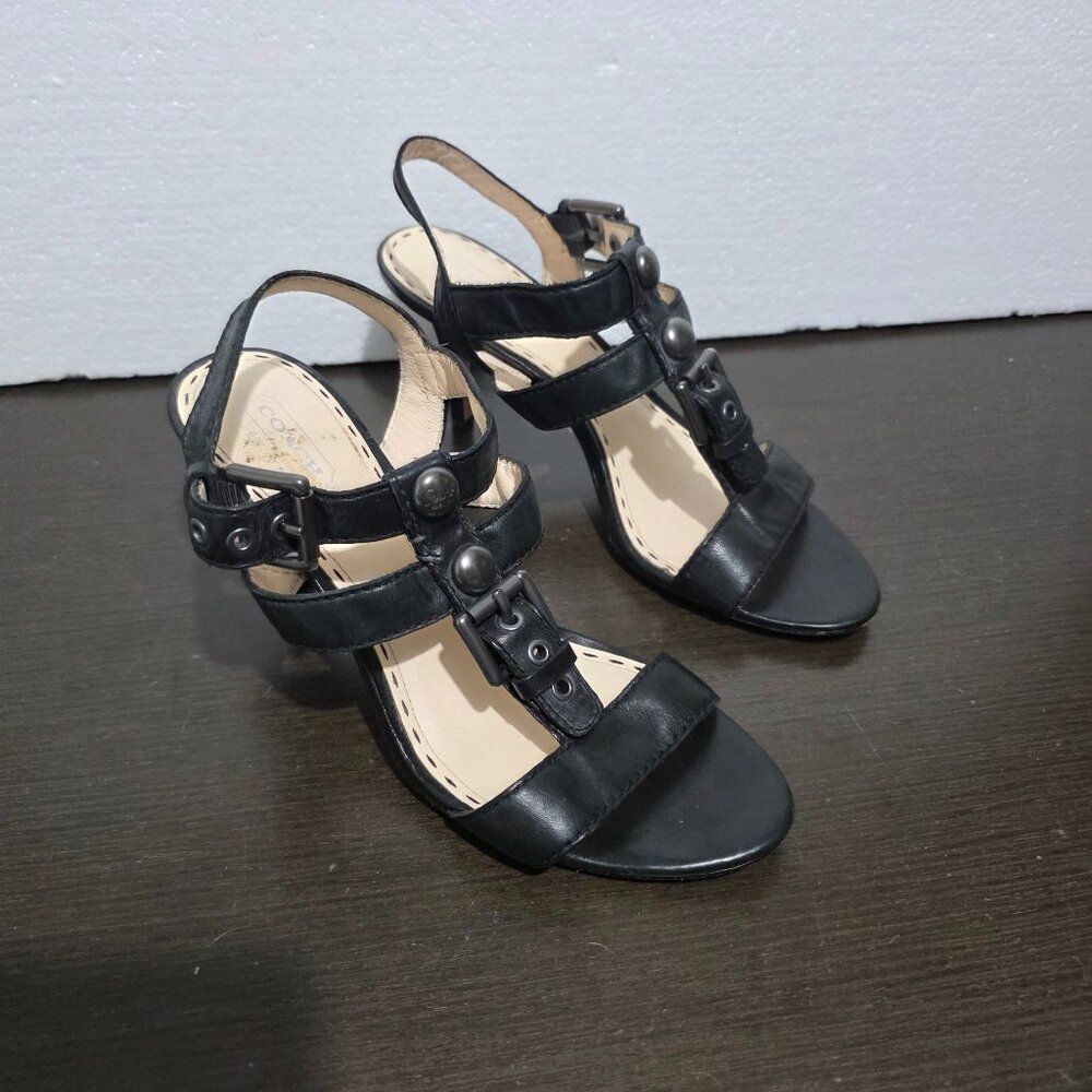 Coach Black Leather Strappy Buckle Sandals Heel 7,5B